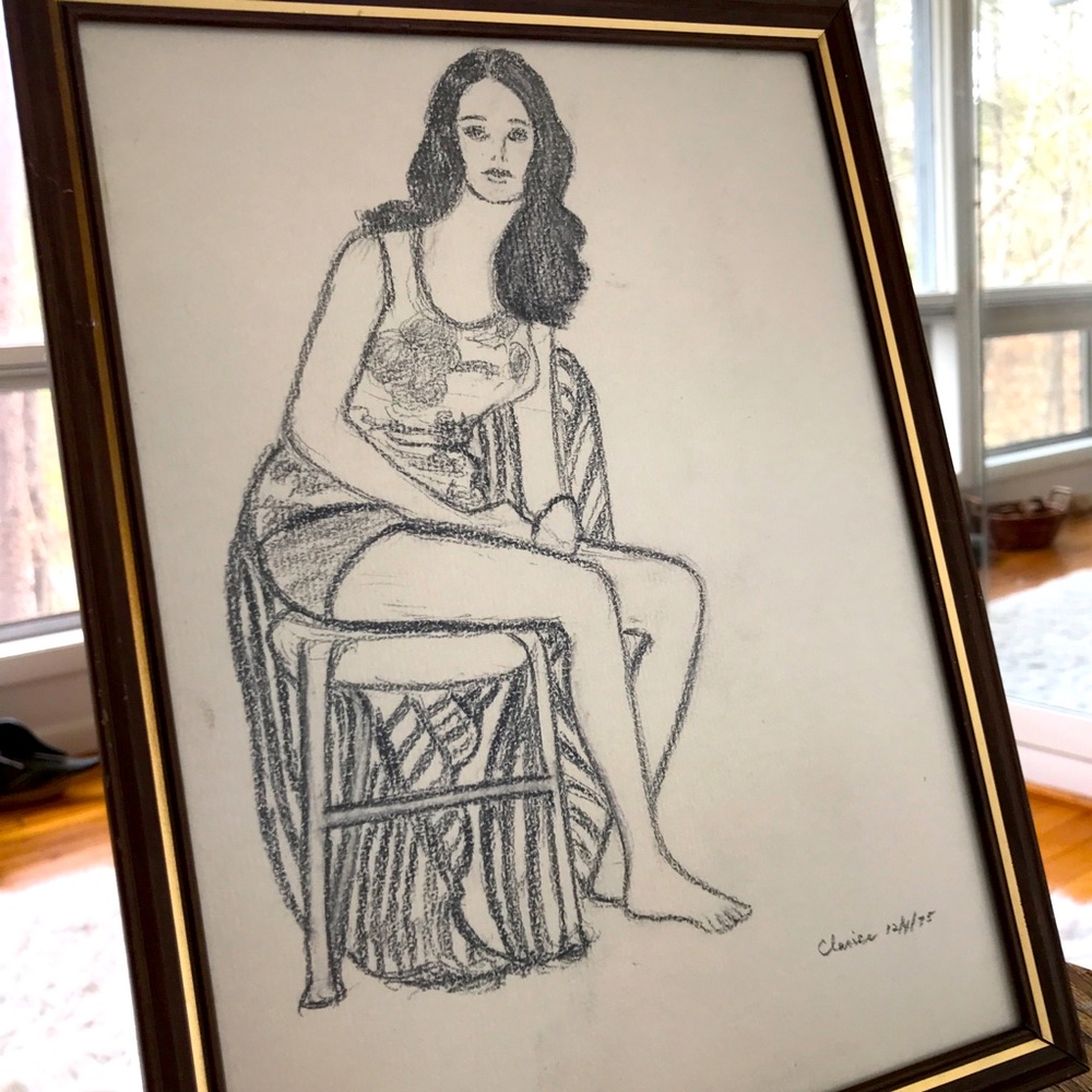 Vintage 70s Signed Drawing of a Woman